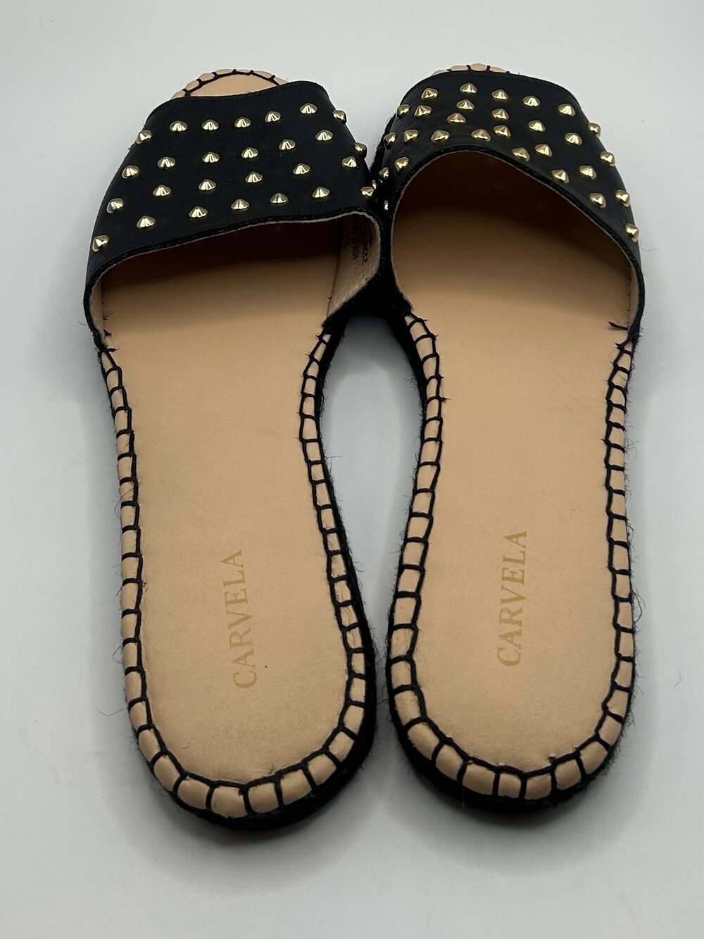 Black Studded Slides Women’s Size 10 Leather Espadrille Flat - Picture 3 of 6